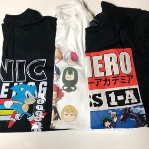 3 tshirts, my hero academia and sonic